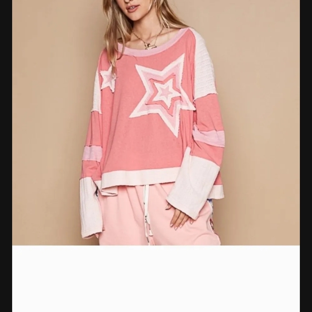 POL Pink and White Star Long Sleeve Top